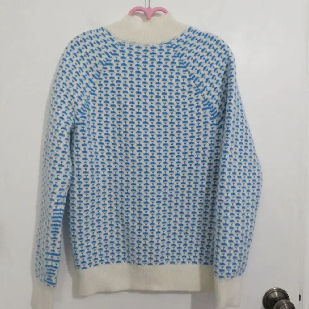 Ann Taylor Women Sz S Blue White Geometric Knit Button Detail Mock Neck Sweater